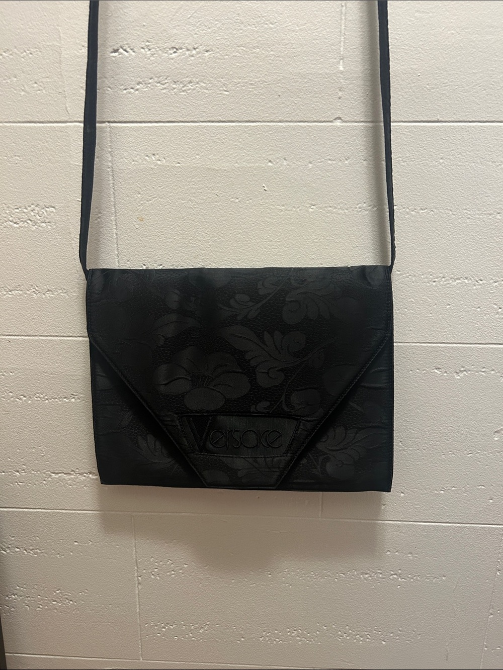 Vintage 1990s Versace Black Floral-Embossed Leather Envelope Crossbody
